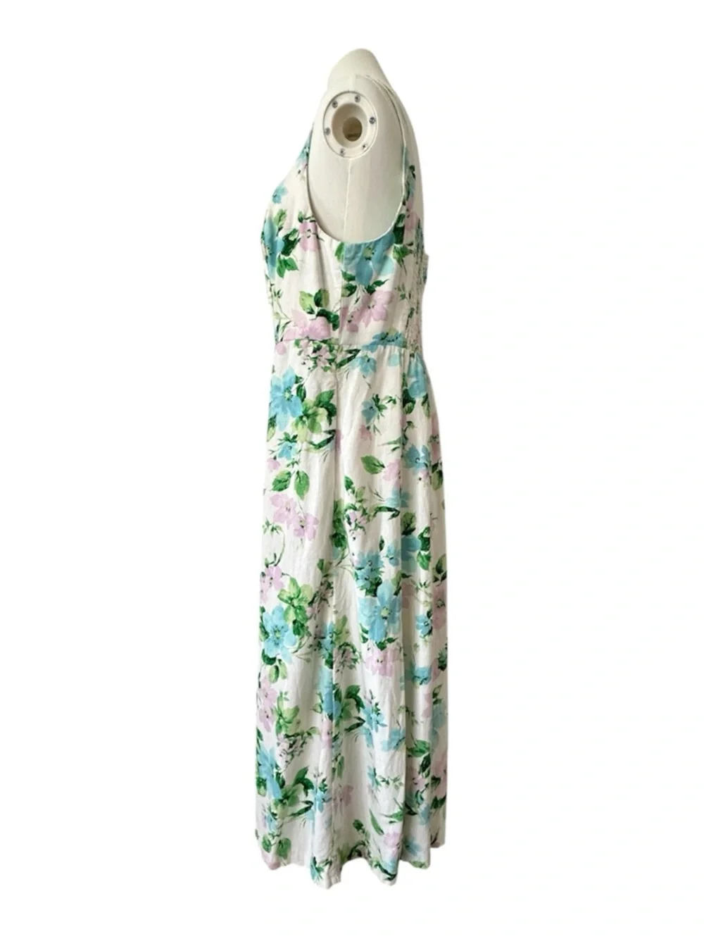 Old Navy Fit & Flare Linen Blend Midi Dress Sz L White Floral Pockets Sundress - Picture 4 of 16